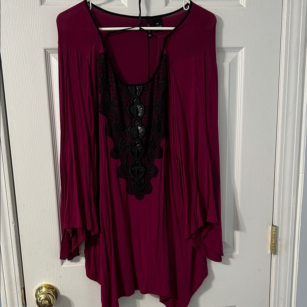 New Directions Burgundy Blouse with Black Lace Accent